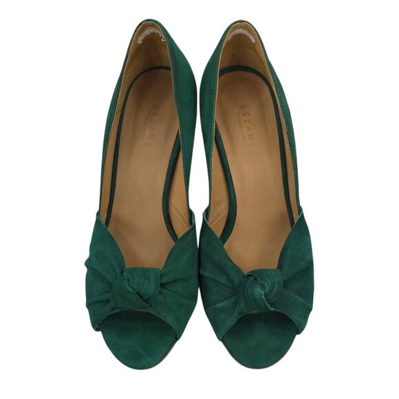 Sezane Heels Suede Bow Peep Toe Shoes Leather Classic FR 37 - Picture 2 of 11